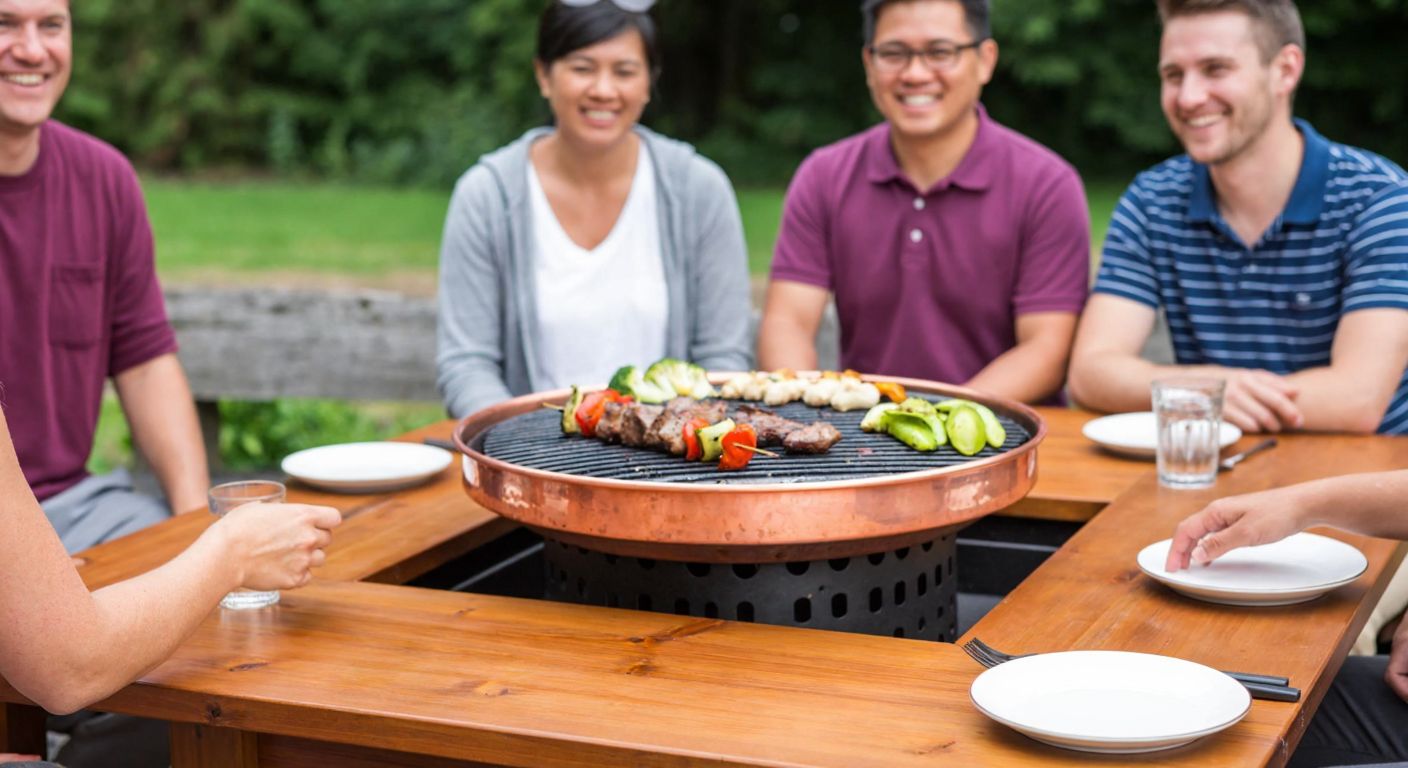A group of smiling people gathered around a sturdy wooden table with a built-in copper grill at the center, cooking skewered meats and vegetables over glowing embers in a cozy outdoor setting.