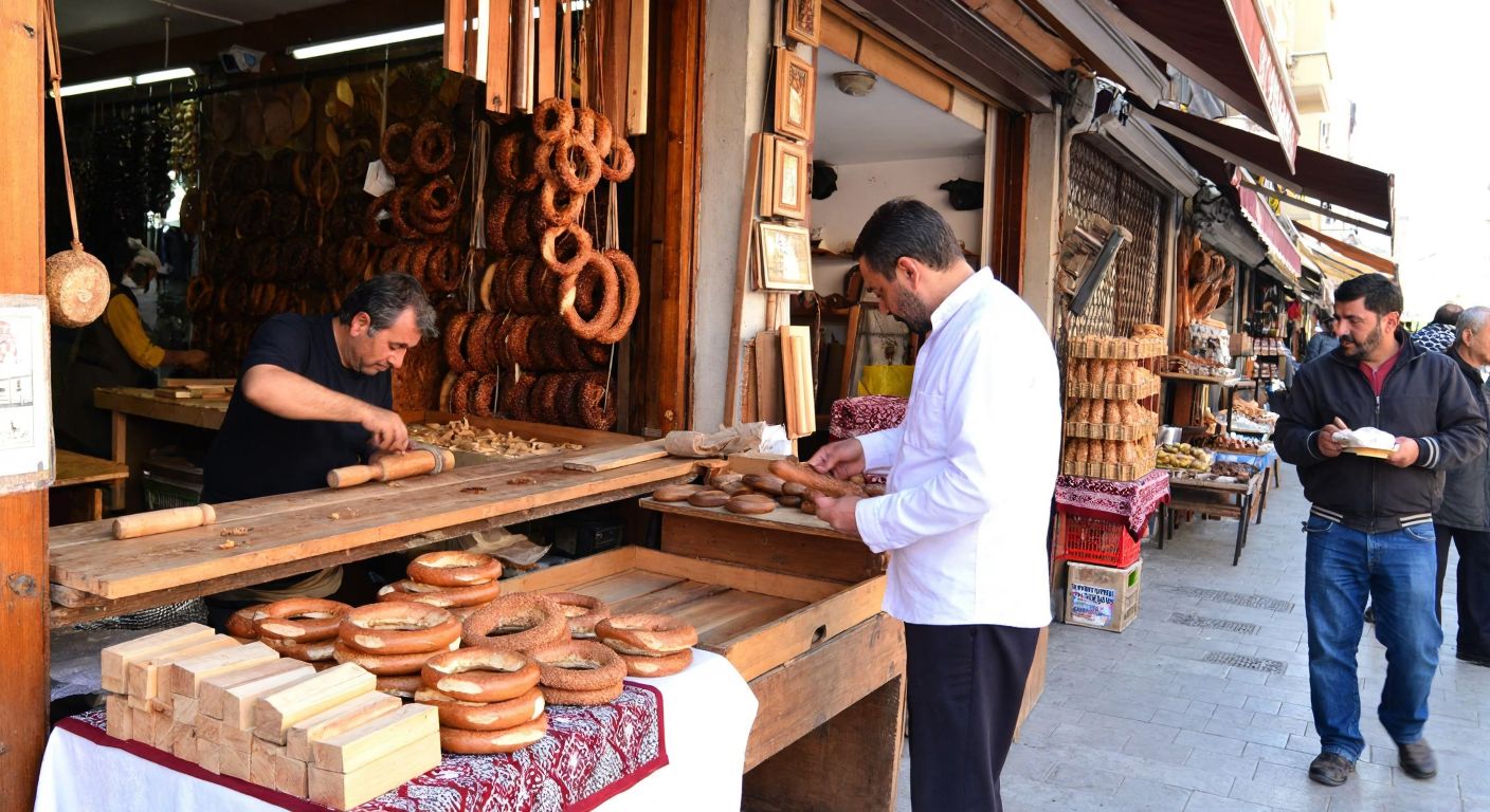 A bustling Turkish bazaar with a craftsman (esnaf) hand-carving wood in a small stall while a street vendor (satıcı) nearby sells fresh simit from a tray.