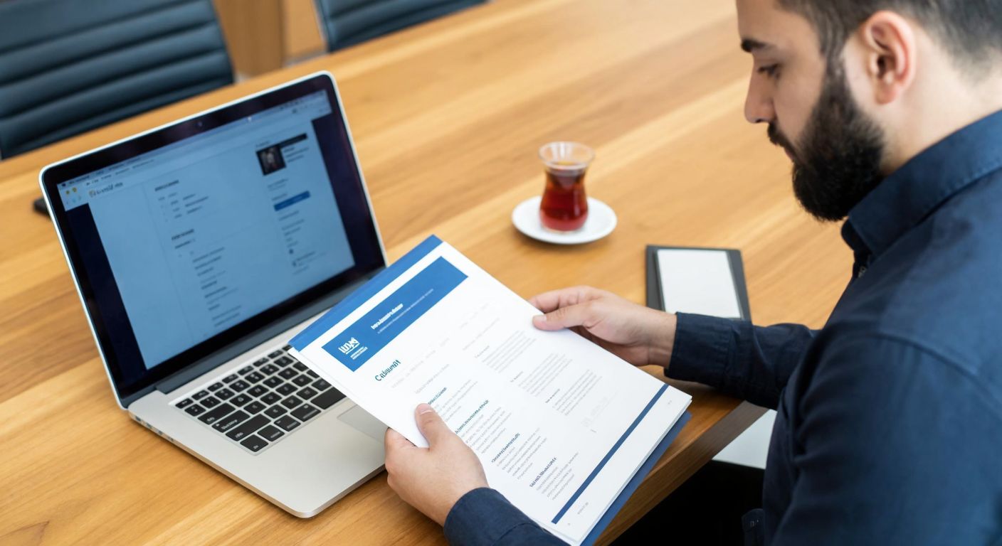 A young professional in Turkey, dressed in business casual attire, sits at a wooden desk with a laptop open, carefully reviewing a printed CV while a steaming cup of Turkish tea rests beside them.