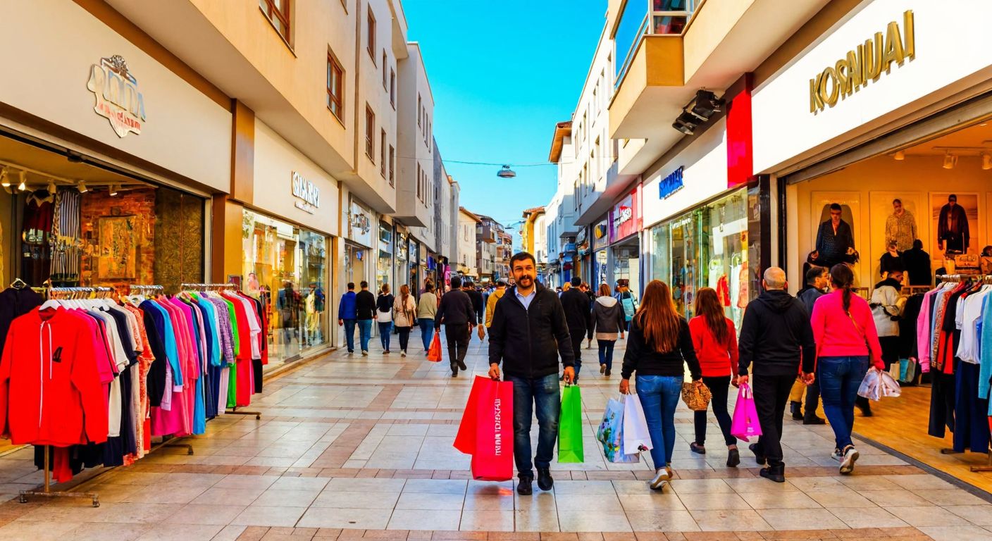 A bustling shopping street in Konya with colorful clothing displays in storefronts, people carrying shopping bags, and a warm, sunny atmosphere reflecting the city's vibrant retail scene.