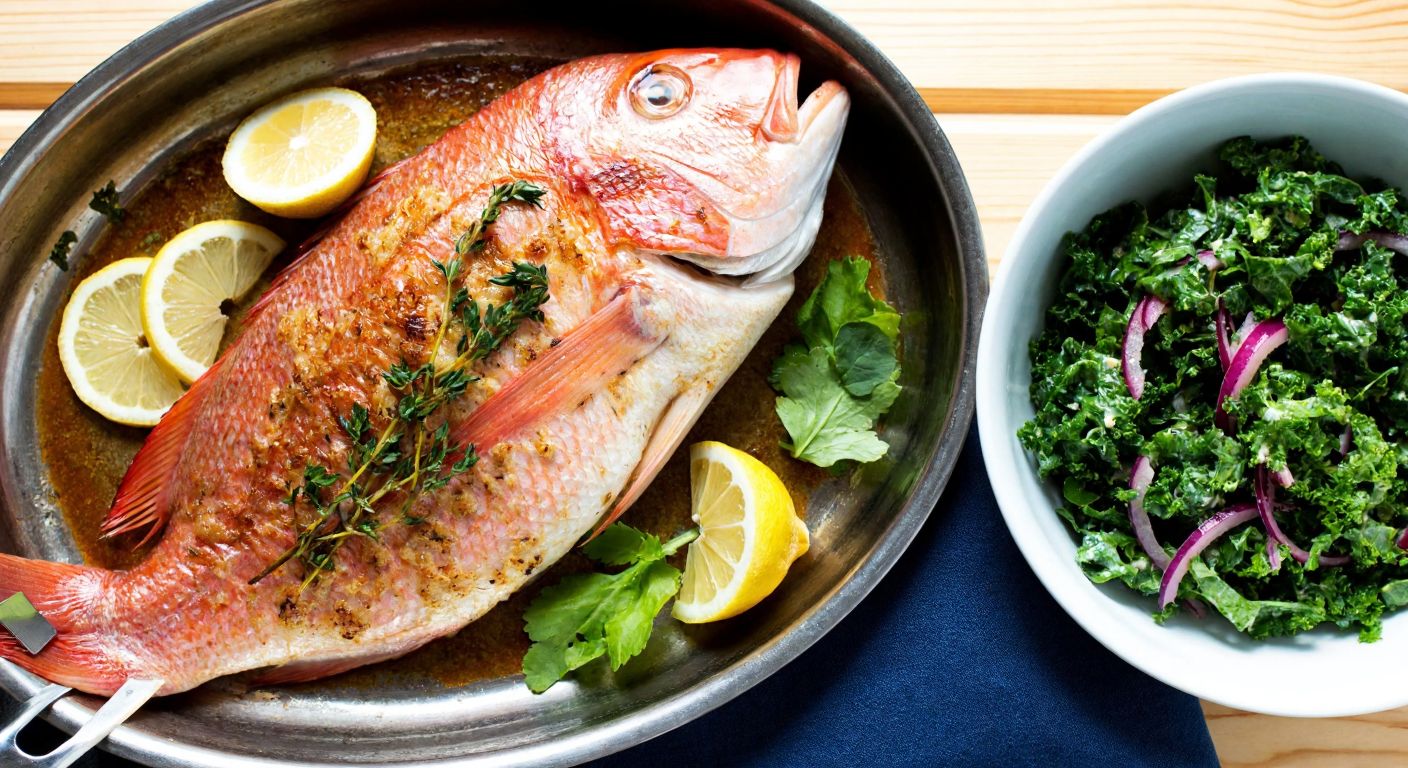 A golden-brown baked red snapper garnished with lemon slices and fresh herbs, resting on a rustic wooden table beside a bowl of vibrant green salad.