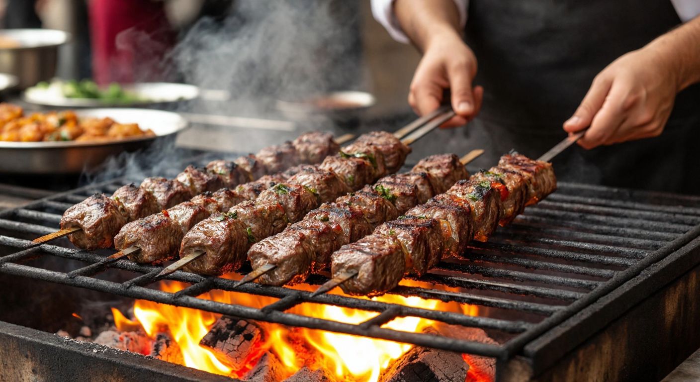 A sizzling skewer of tender lamb kebabs, glistening with rich fat and aromatic spices, grilling over glowing embers in a traditional Urfa kebab restaurant, with steam rising and the chef's hands skillfully turning the skewers.