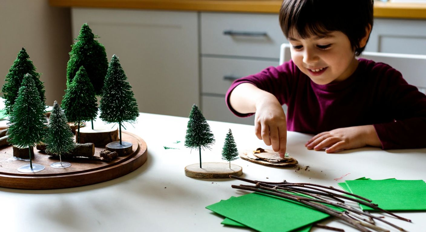 A child in a cozy Turkish home carefully glues miniature trees onto a small wooden base, surrounded by scattered craft supplies like green paper, twigs, and glue, with a focused and joyful expression.