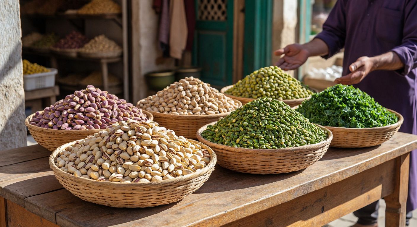 A vibrant wooden table in a sunlit Persian market displays five distinct varieties of Iranian pistachios—Akbari (large and golden), Kale Guchi (plump and pale), Ahmad Aghaei (deep green), Fandoghi (small and round), and Ohandi (medium-sized with a rustic hue)—arranged in woven baskets, with a merchant’s hand gesturing warmly toward them.
