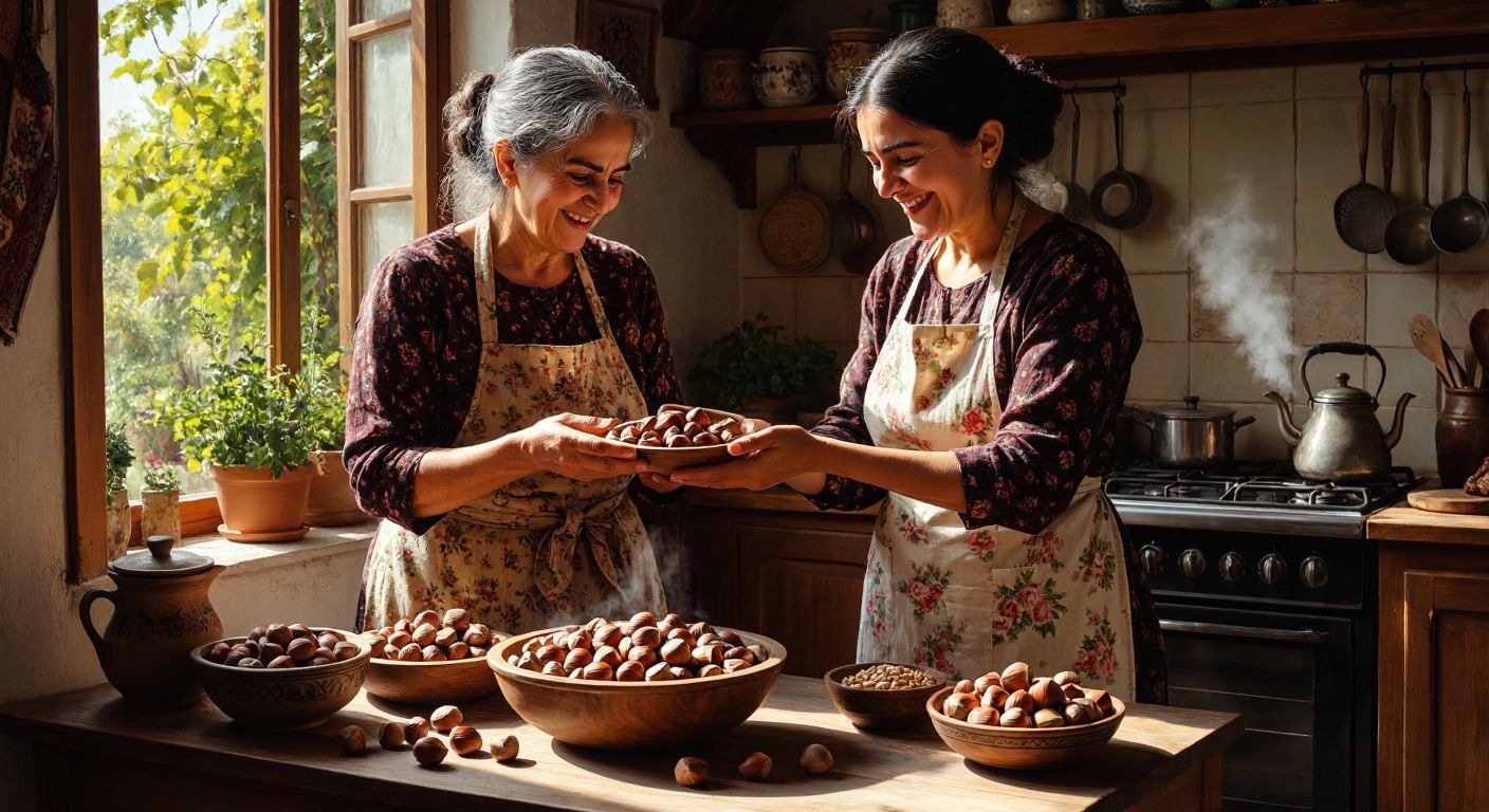 A warm, sunlit Turkish kitchen with a wooden bowl of cracked hazelnuts, a mortar and pestle nearby, and a smiling elderly woman in a floral apron offering a handful of nuts to a younger person, surrounded by fresh produce and a teapot steaming on the stove.