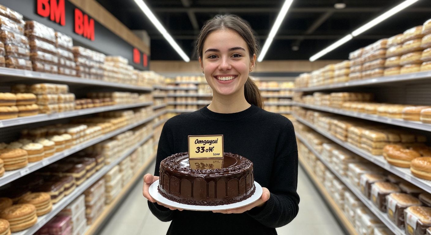A smiling shopper in a Bim store holds a glossy, chocolate-frosted Osmanoğlu cake with a golden price tag, surrounded by neatly stacked bakery items under bright fluorescent lights.
