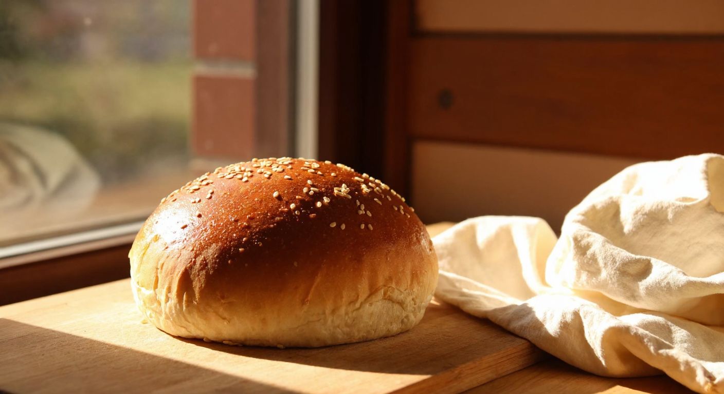 A golden-brown hamburger bun with sesame seeds sits on a wooden cutting board in a Turkish bakery, surrounded by fresh flour sacks and warm sunlight streaming through the window.
