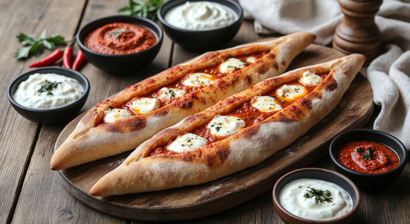 A rustic wooden table holds a freshly baked *kır pidesi* drizzled with garlic yogurt and chili sauce, topped with melted butter, surrounded by bowls of vibrant red pepper paste and creamy yogurt, evoking warmth and traditional Turkish flavors.