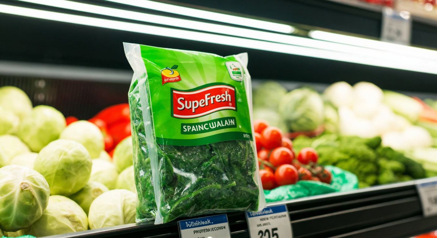 A vibrant green package of frozen spinach labeled "SuperFresh" sits on a supermarket shelf in Turkey, surrounded by other fresh and frozen vegetables under bright, inviting lights.