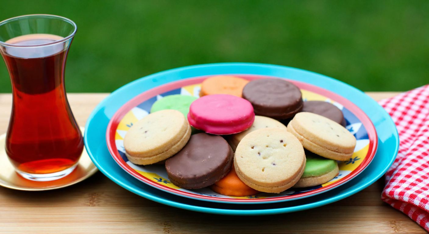 A colorful plate of Ülker Stars Cookies in various flavors, placed on a wooden table with a Turkish tea glass nearby, evoking a cozy snack-time moment.