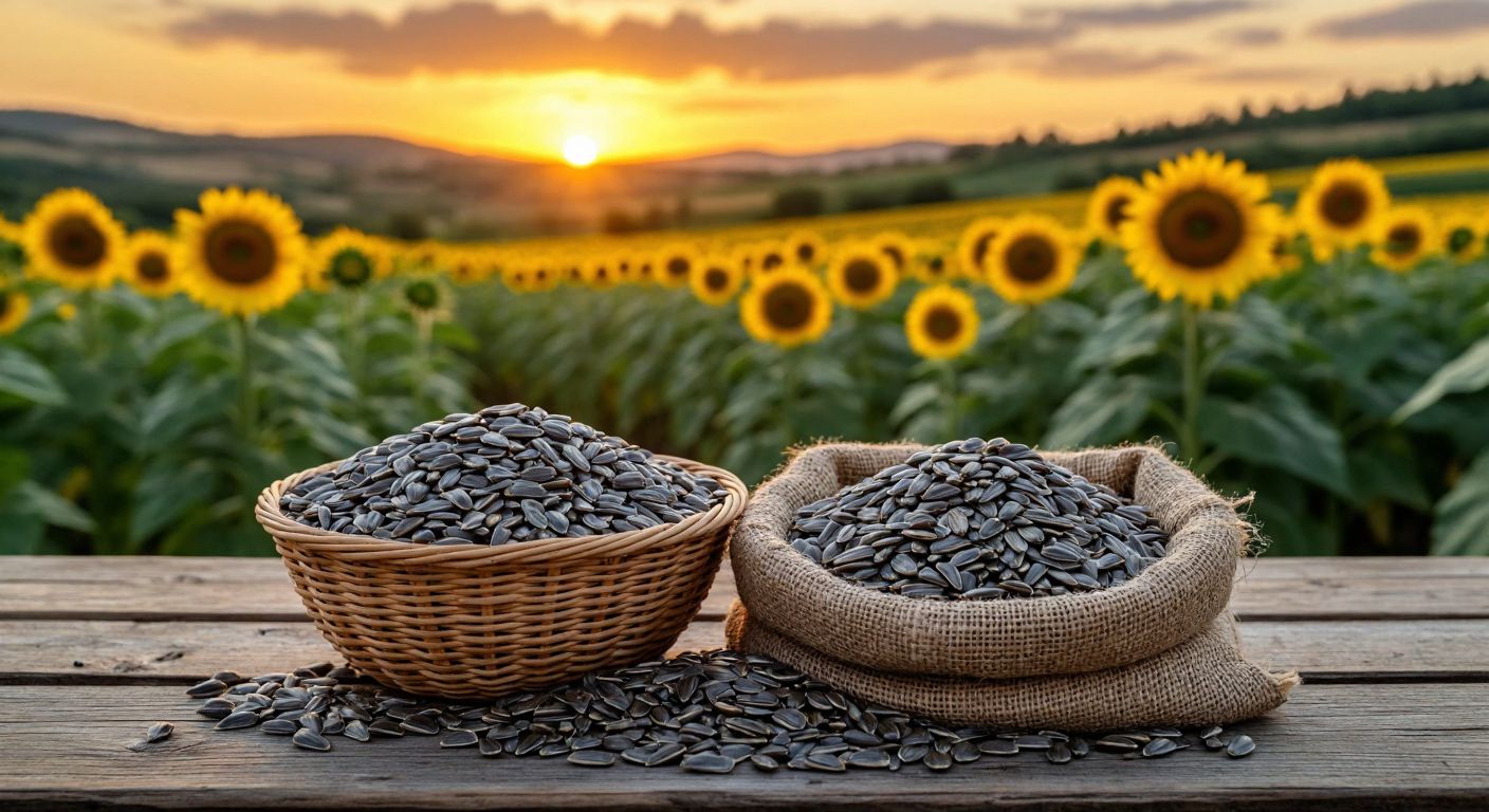 A rustic wooden table in a Turkish village setting holds two small woven baskets—one filled with plump, large-shelled sunflower seeds for snacking, and the other with smaller, oil-rich seeds spilling onto a burlap sack, with golden sunflower fields stretching into the distance under a warm sunset.
