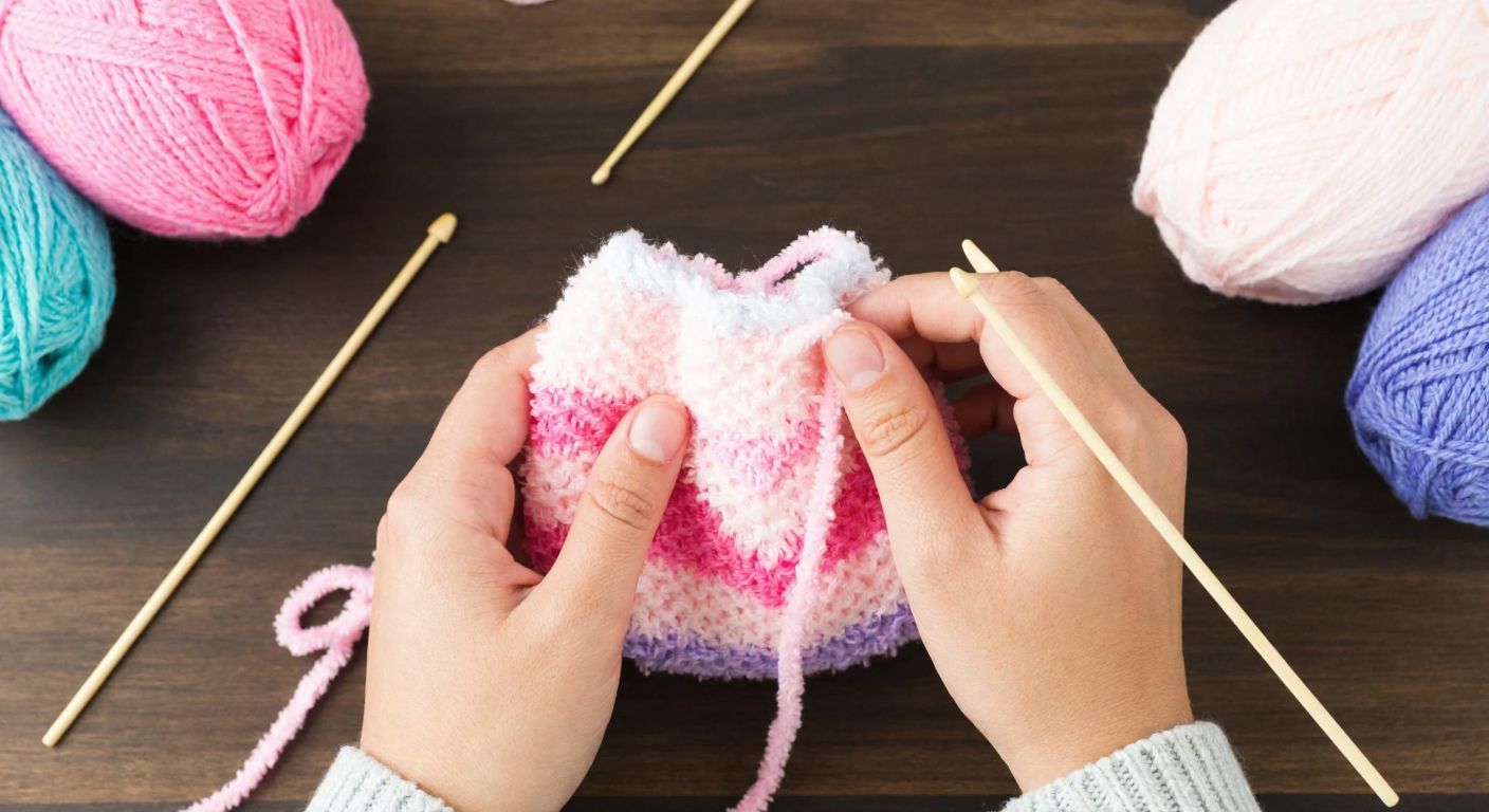 A pair of hands carefully knitting a soft, pastel-colored bath sponge with a heart pattern, surrounded by balls of yarn and knitting needles on a wooden table in a cozy Turkish home.