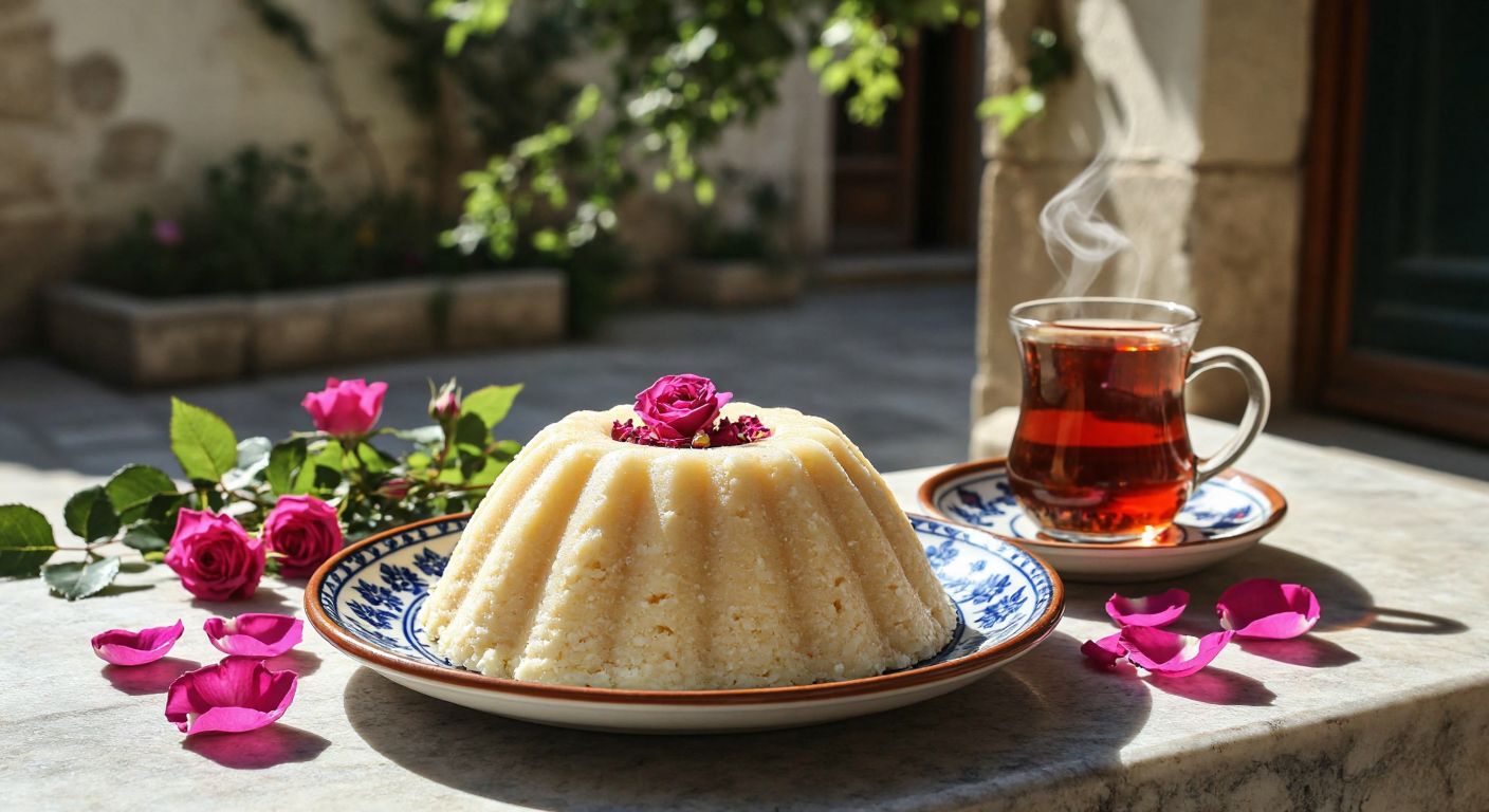 A golden-white mound of *ak helva* sits on a traditional ceramic plate in a sunlit Edirne courtyard, surrounded by fragrant rose petals and a steaming cup of Turkish tea.