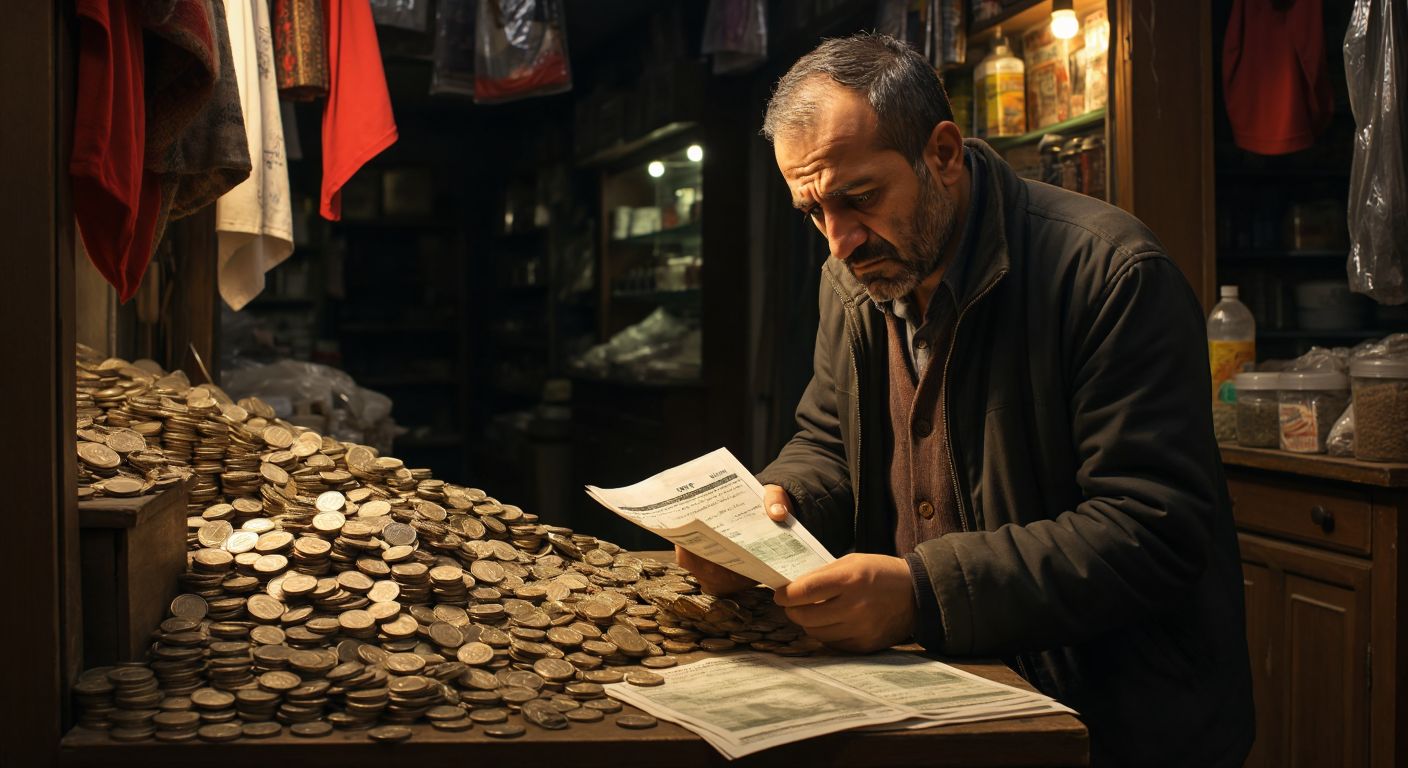 A distressed Turkish shopkeeper in a small bazaar stares at a torn payment plan document, surrounded by scattered coins and an overturned ledger, with a dim light casting shadows on his worried face.