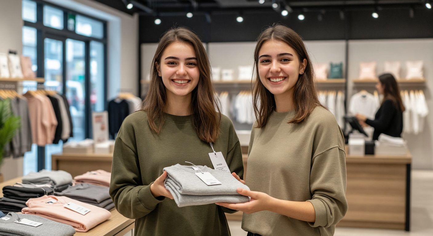 A smiling young woman in a modern DeFacto store in Turkey holds a neatly folded garment with tags still attached, while a friendly shop assistant gestures toward the exchange counter.