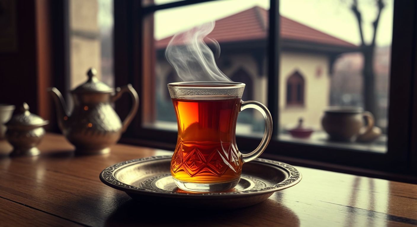 A steaming glass of amber-colored bergamot tea on a traditional Turkish tea tray, surrounded by divided opinions—some smiling faces nodding in approval, others frowning skeptically, with a backdrop of a cozy Turkish tea house.