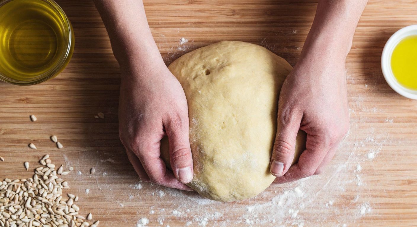A pair of flour-dusted hands kneading golden dough on a wooden countertop, with scattered sunflower seeds and a small bowl of olive oil nearby.