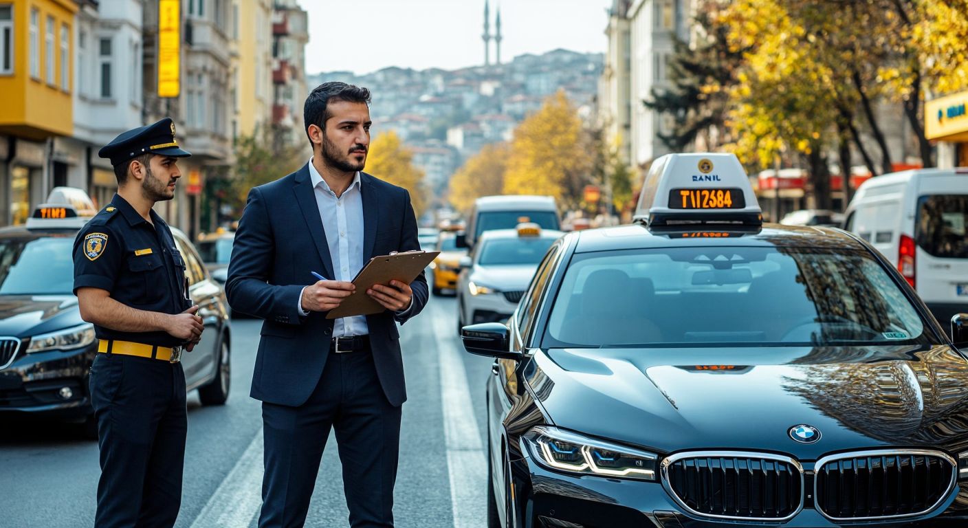 A Turkish businessman in a crisp suit stands confidently beside a sleek rental car, holding a clipboard with a calculator, while a driver in uniform waits attentively nearby, set against the backdrop of a bustling Istanbul street with taxis and minibuses.