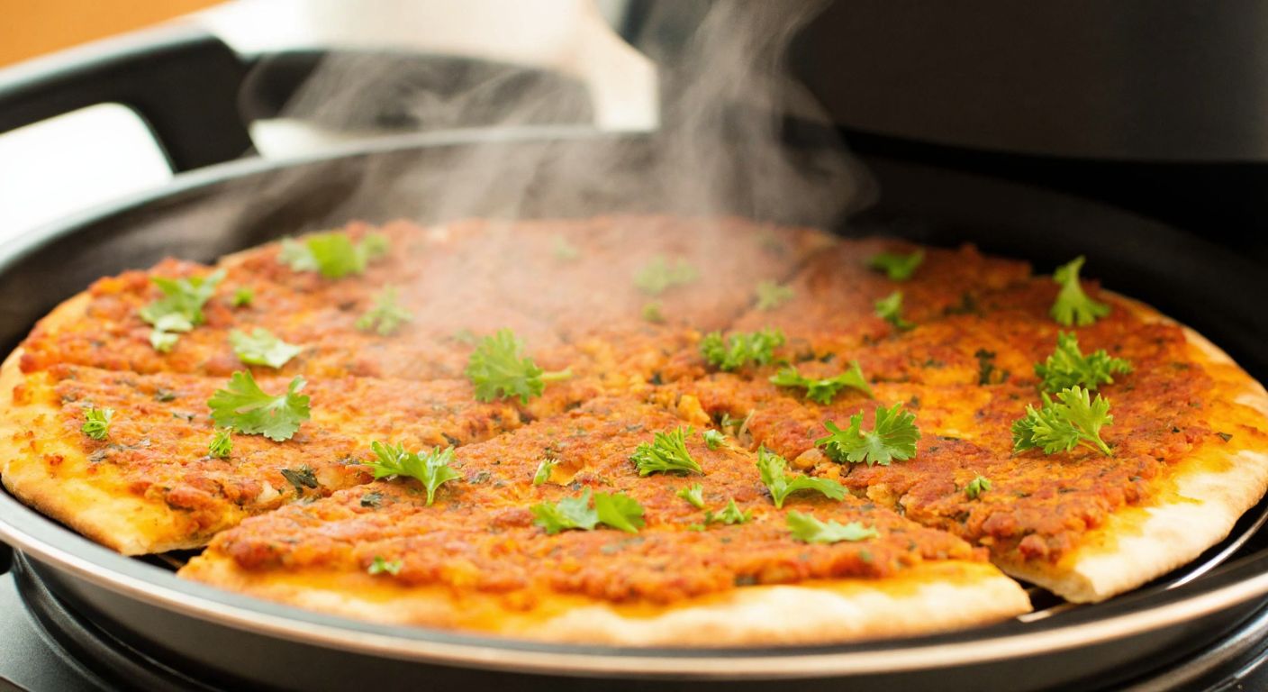 A close-up of golden-brown lahmacun sizzling on a baking tray inside a Thermomix, with steam rising and fresh parsley sprinkled on top, set against a warm kitchen backdrop in Turkey.