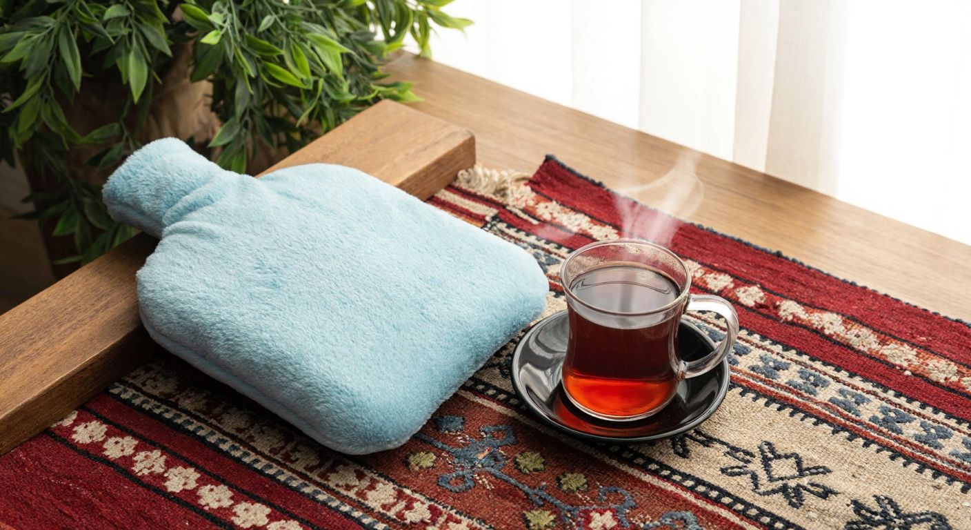 A cozy Turkish home scene with a fluffy Bosphorus-brand hot water bottle resting on a patterned kilim rug beside a steaming cup of çay, conveying warmth and comfort.