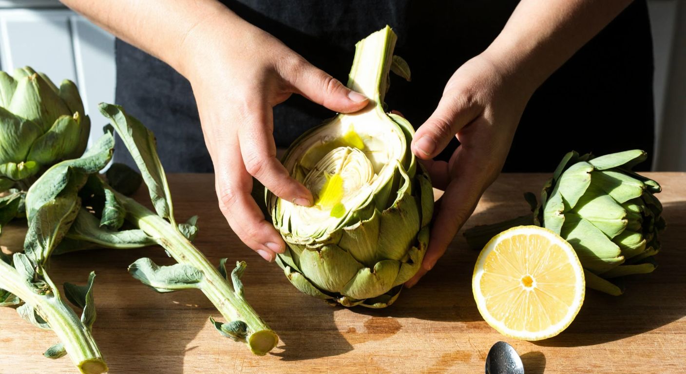 A pair of hands carefully scraping the fuzzy inner core of a fresh artichoke with a spoon, surrounded by trimmed outer leaves and a halved lemon on a rustic wooden table in a sunlit Turkish kitchen.