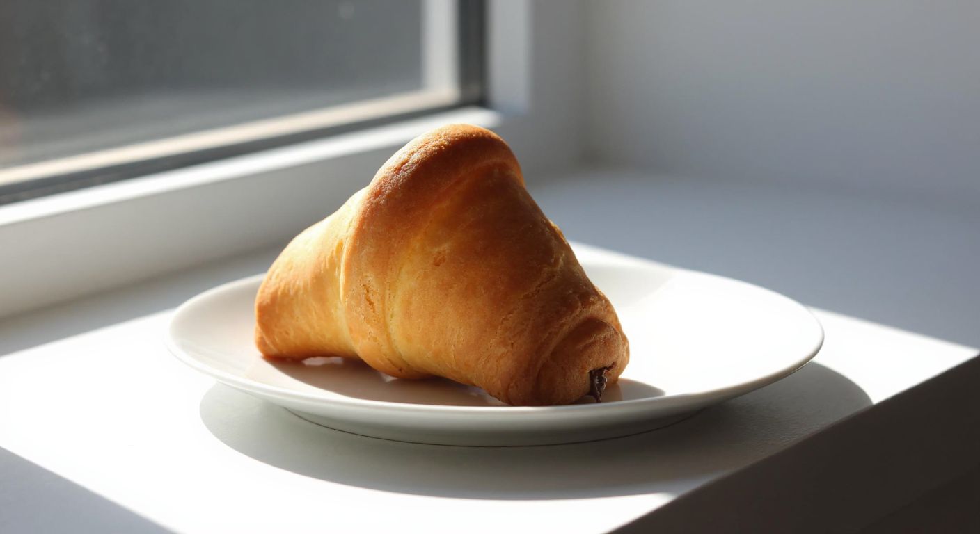 A single golden-brown Ozmo Cornet biscuit resting on a small white plate, with a warm, inviting glow from soft sunlight filtering through a nearby window.
