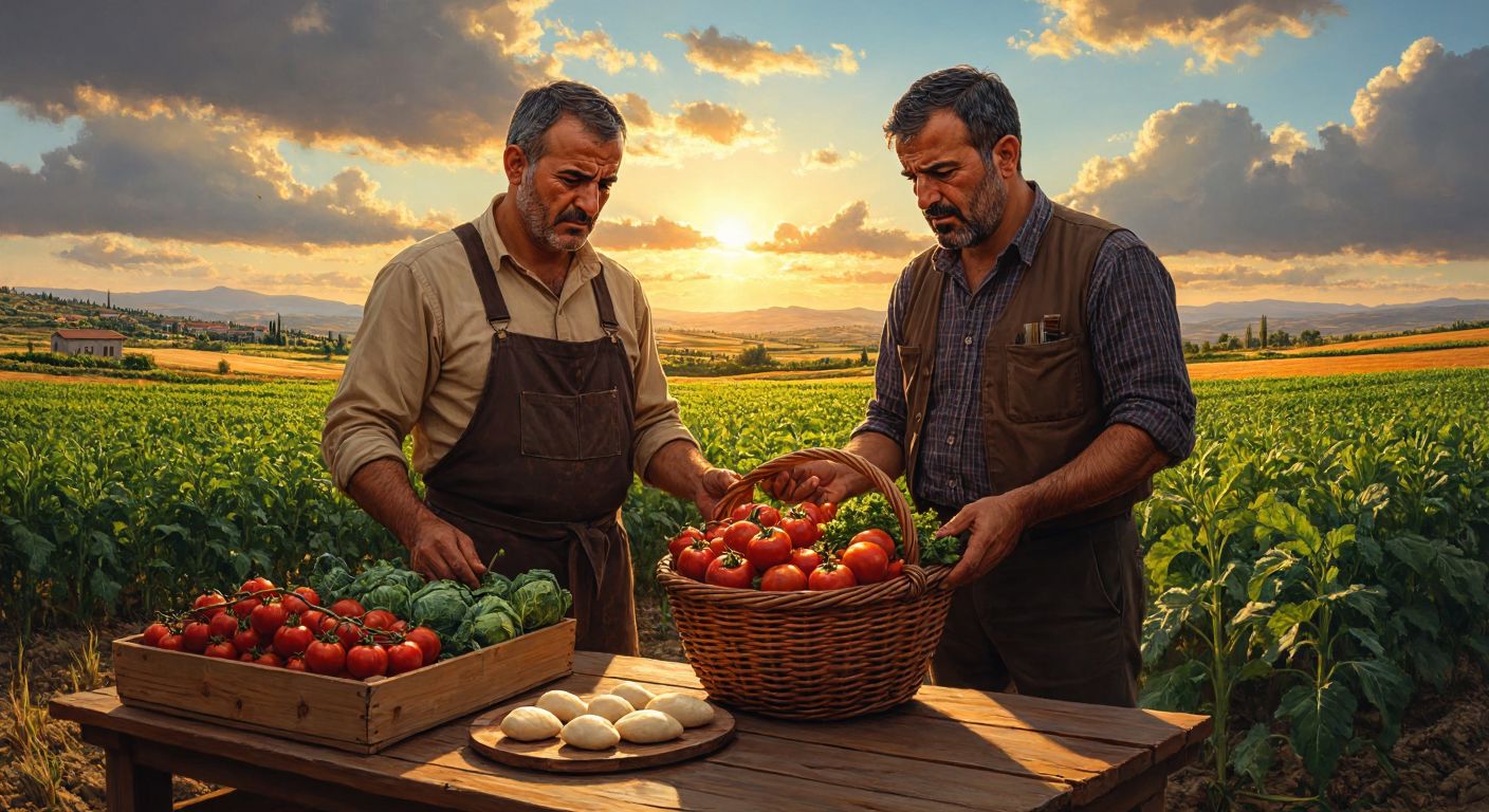 A Turkish farmer in a sunlit field holding a basket of fresh produce, with a government official nearby inspecting food samples on a wooden table, both looking serious and determined.