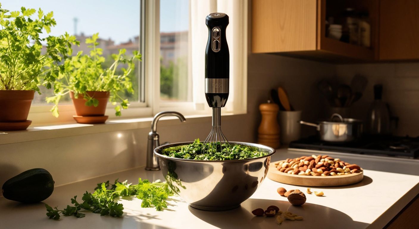 A sleek black hand blender whirring in a stainless steel bowl filled with chopped herbs and nuts on a sunlit Turkish kitchen counter.