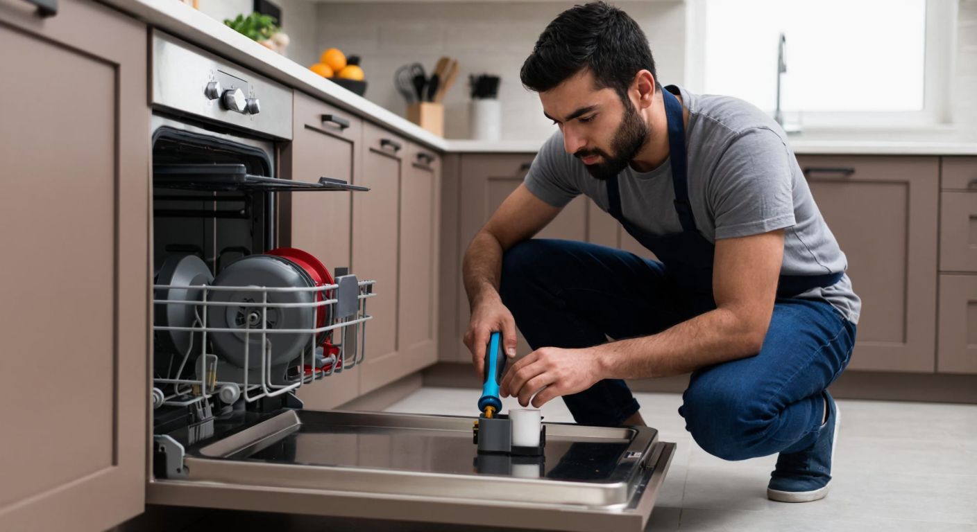 A focused Turkish man in a casual apron kneels beside an open dishwasher, carefully disconnecting a small pump with a screwdriver in a well-lit kitchen.
