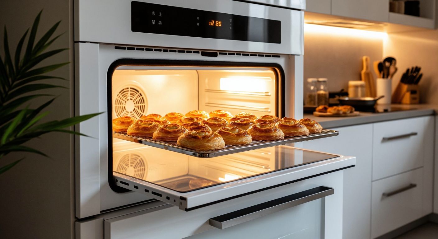 A sleek white glass oven with a modern design sits in a Turkish kitchen, its interior glowing warmly as a golden tray of freshly baked *börek* emerges from its telescopic rails.