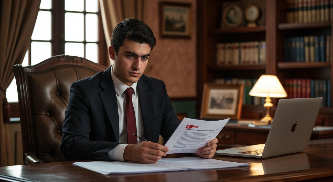 A young Turkish candidate in a formal outfit sits at a wooden desk with a determined expression, holding a printed document while a laptop screen glows softly in the background.