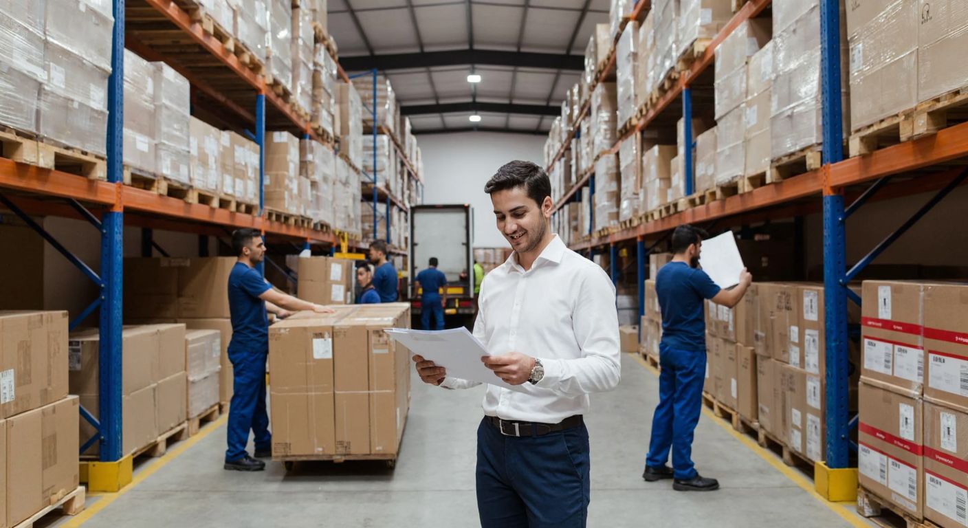 A bustling Turkish warehouse with neatly stacked boxes, workers in blue uniforms loading goods onto trucks, and a manager in a crisp white shirt smiling while reviewing inventory papers.