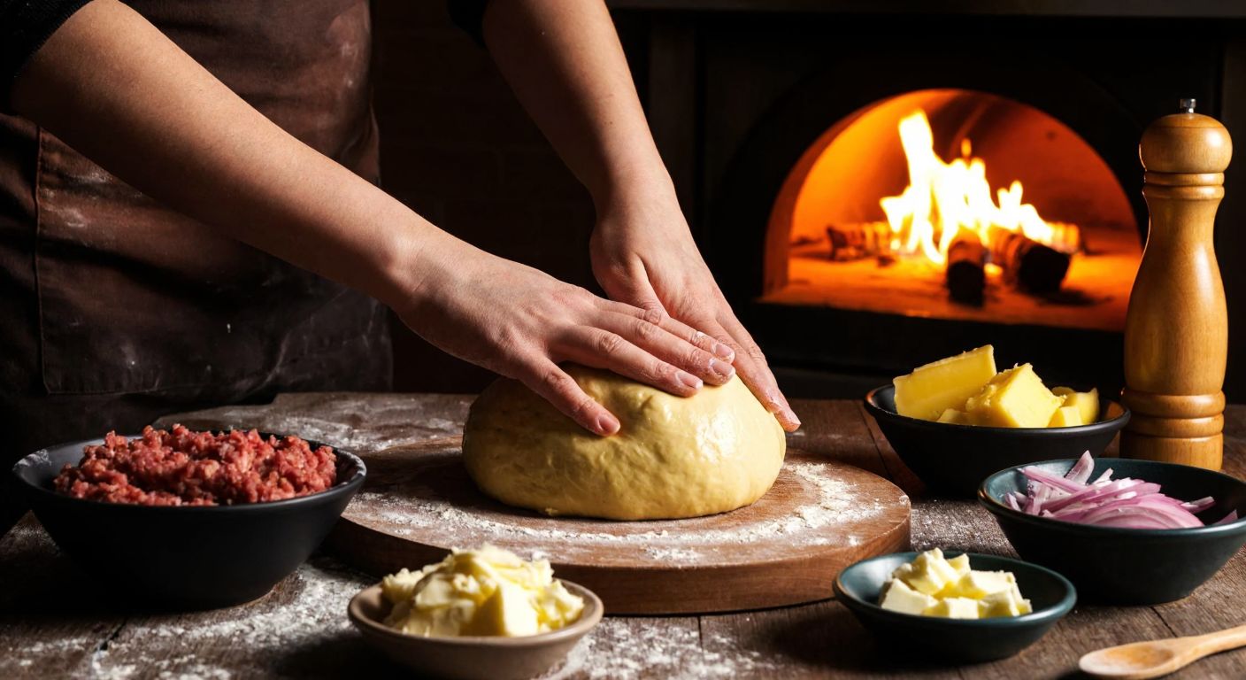 A pair of hands kneading golden dough on a flour-dusted wooden table, surrounded by bowls of minced meat, chopped onions, and melted butter, with a warm clay oven glowing in the background.