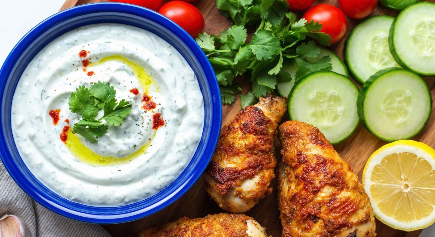 A vibrant Turkish kitchen scene with a bowl of creamy white tzatziki sauce topped with red pepper flakes and fresh cilantro, surrounded by ingredients like grated cucumber, garlic, and lemon, while a golden tandoori-spiced chicken roasts in the background.