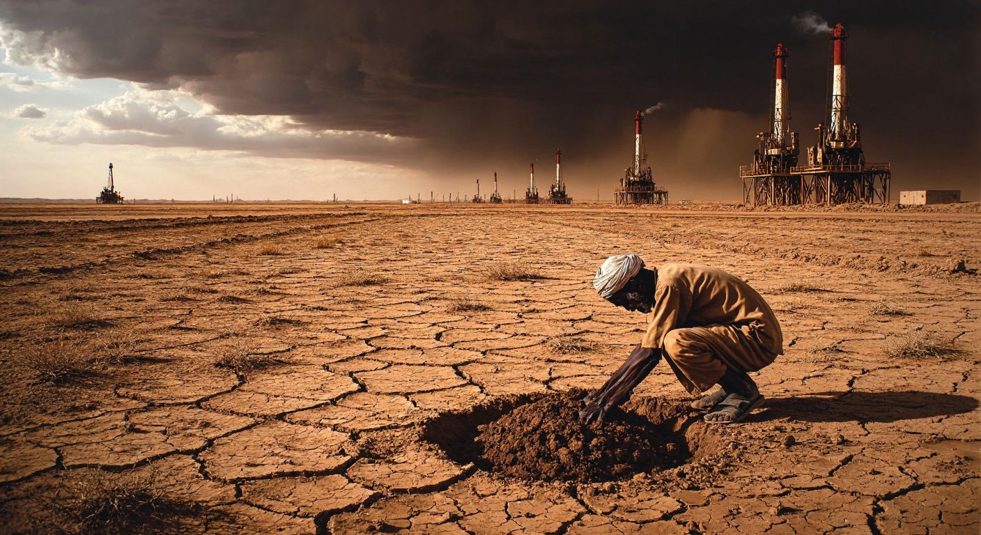 A barren, cracked desert landscape in Chad with a lone, weathered farmer struggling to till dry soil under a scorching sun, while distant oil rigs stand unused on the horizon.