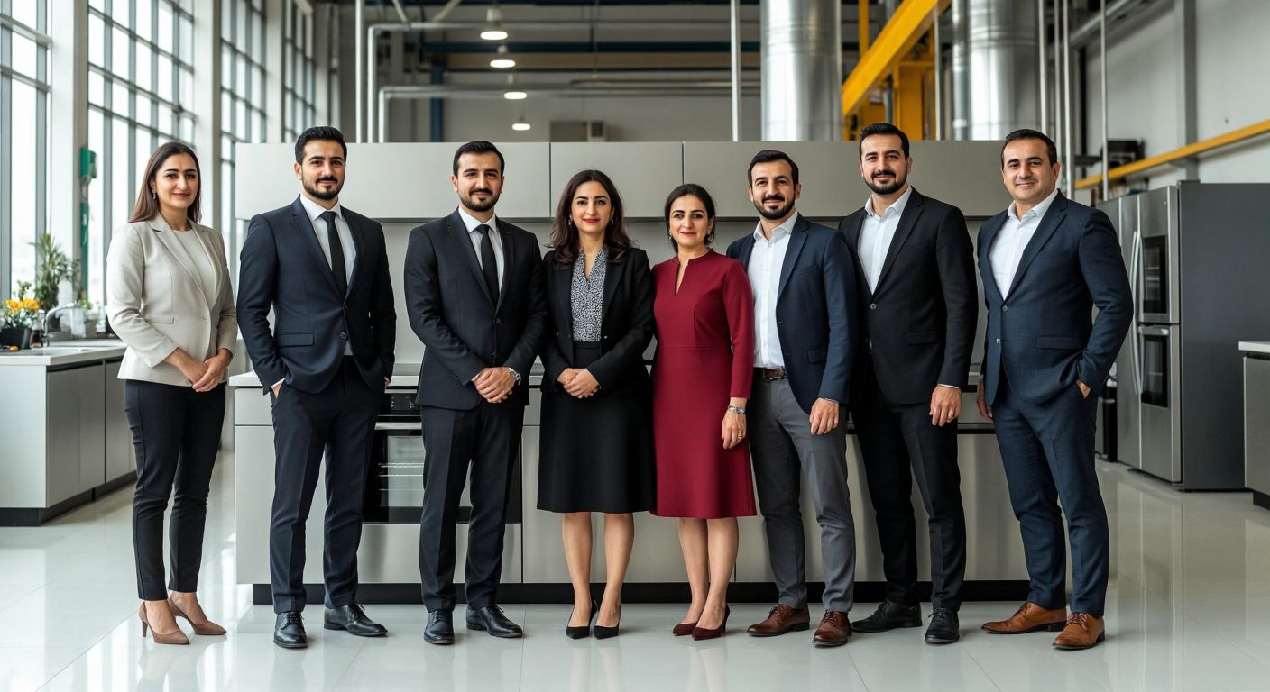 A dignified Turkish family in formal attire stands proudly in front of a modern factory, surrounded by sleek kitchen appliances, symbolizing ownership and legacy.