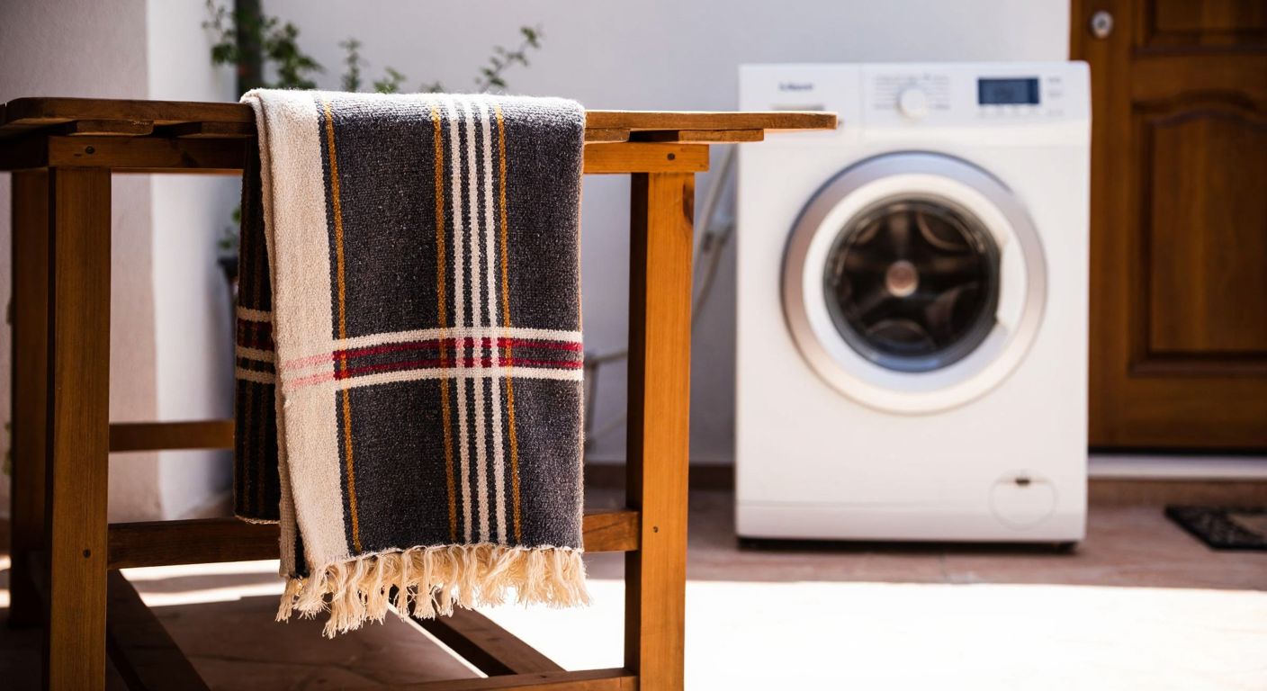 A cozy, handwoven Milas blanket draped over a wooden laundry rack in a sunlit Turkish courtyard, with a washing machine in the background set to a gentle cycle.