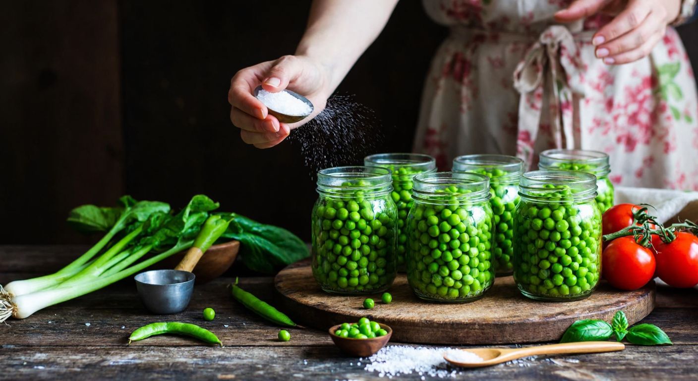 A rustic Turkish kitchen scene with a woman in a floral apron carefully sprinkling salt into glass jars filled with bright green peas, surrounded by fresh vegetables and a wooden spoon on a worn wooden table.