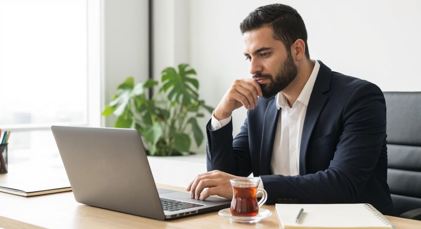 A focused Turkish professional in a modern office setting, thoughtfully composing an email on a laptop, with a neatly organized desk featuring a cup of Turkish tea and a notepad.