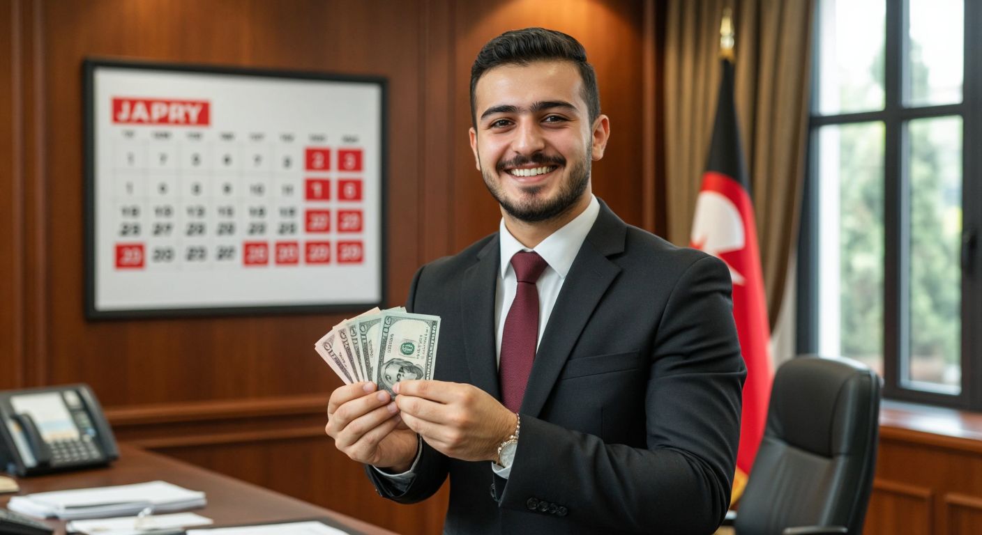 A smiling Turkish worker in a formal office setting holds a small stack of cash with a calendar showing the months of January, April, July, and October highlighted in the background.