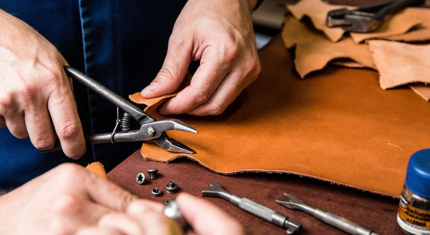 A close-up of a craftsman's hands in a Turkish workshop using a bird's-eye pliers to attach rivets to a piece of leather, with scattered leather scraps and tools around.
