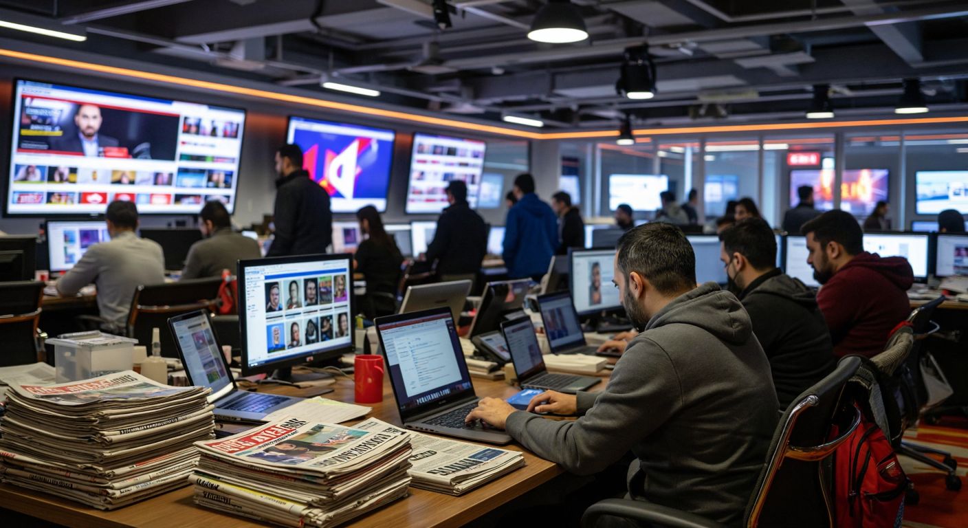A bustling Turkish newsroom with journalists typing on laptops, surrounded by glowing screens displaying colorful ads, while a stack of newspapers with premium subscription badges sits on a nearby desk.