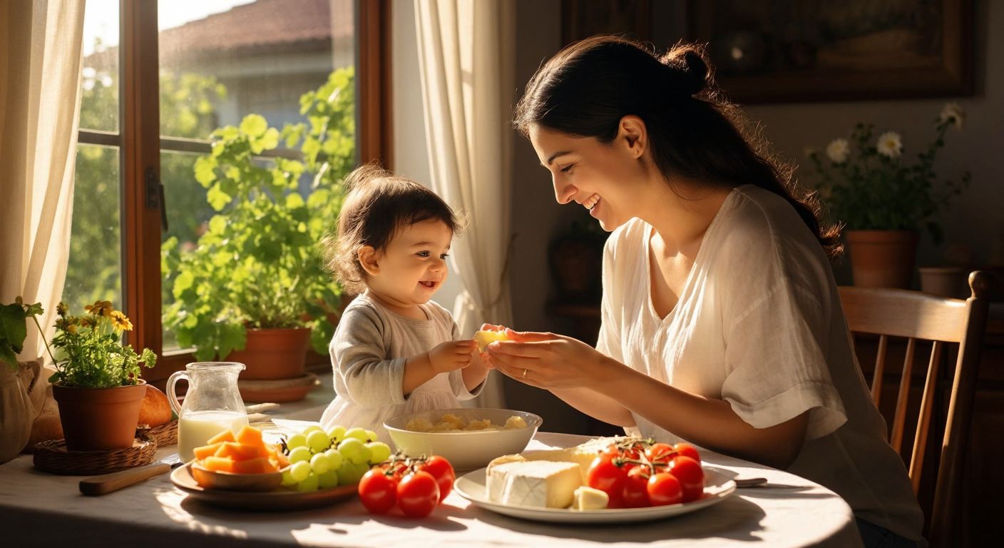 A smiling Turkish mother gently feeding her toddler small pieces of soft fruit, yogurt, and whole-grain bread on a sunlit kitchen table, with a colorful array of fresh vegetables, cheese, and a small pitcher of water nearby.