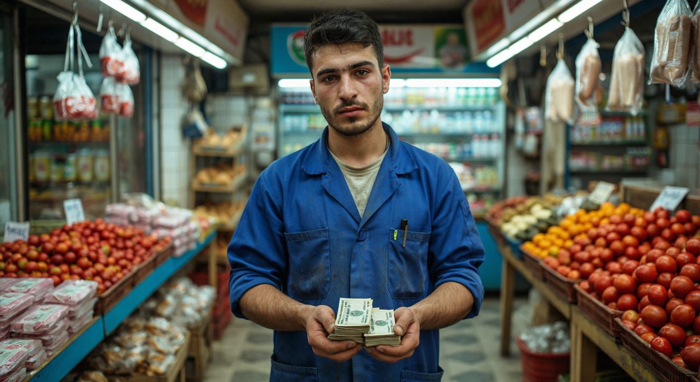 A weary factory worker in a blue uniform holds a small stack of Turkish lira bills while standing in front of a modest grocery stall in Istanbul.