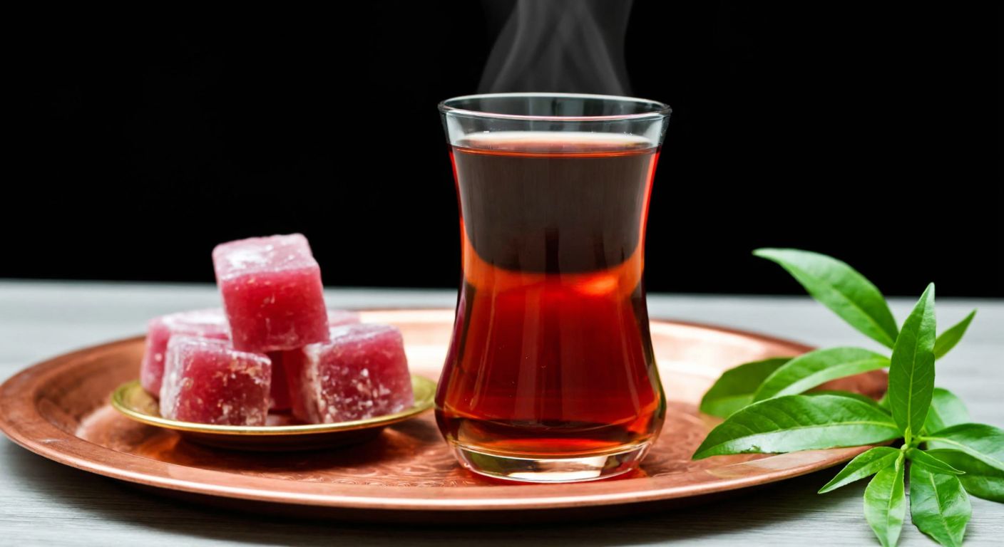 A steaming glass of deep amber-red tea in a traditional Turkish tulip-shaped glass, resting on a copper tray beside a small plate of Turkish delight, with lush green tea leaves scattered around it.