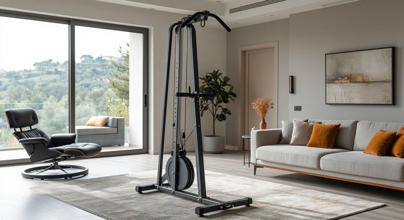 A compact, modern home gym in Turkey with a sleek foldable vertical climber standing upright in a bright, minimalist living space, its wheels hinting at easy mobility when folded.