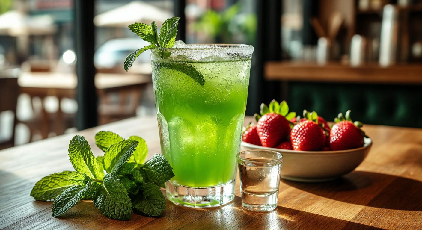 A frosty glass of vibrant green mint liqueur sits on a wooden table beside a small shot glass, fresh mint leaves, and a bowl of strawberries, with condensation glistening in warm Turkish café lighting.
