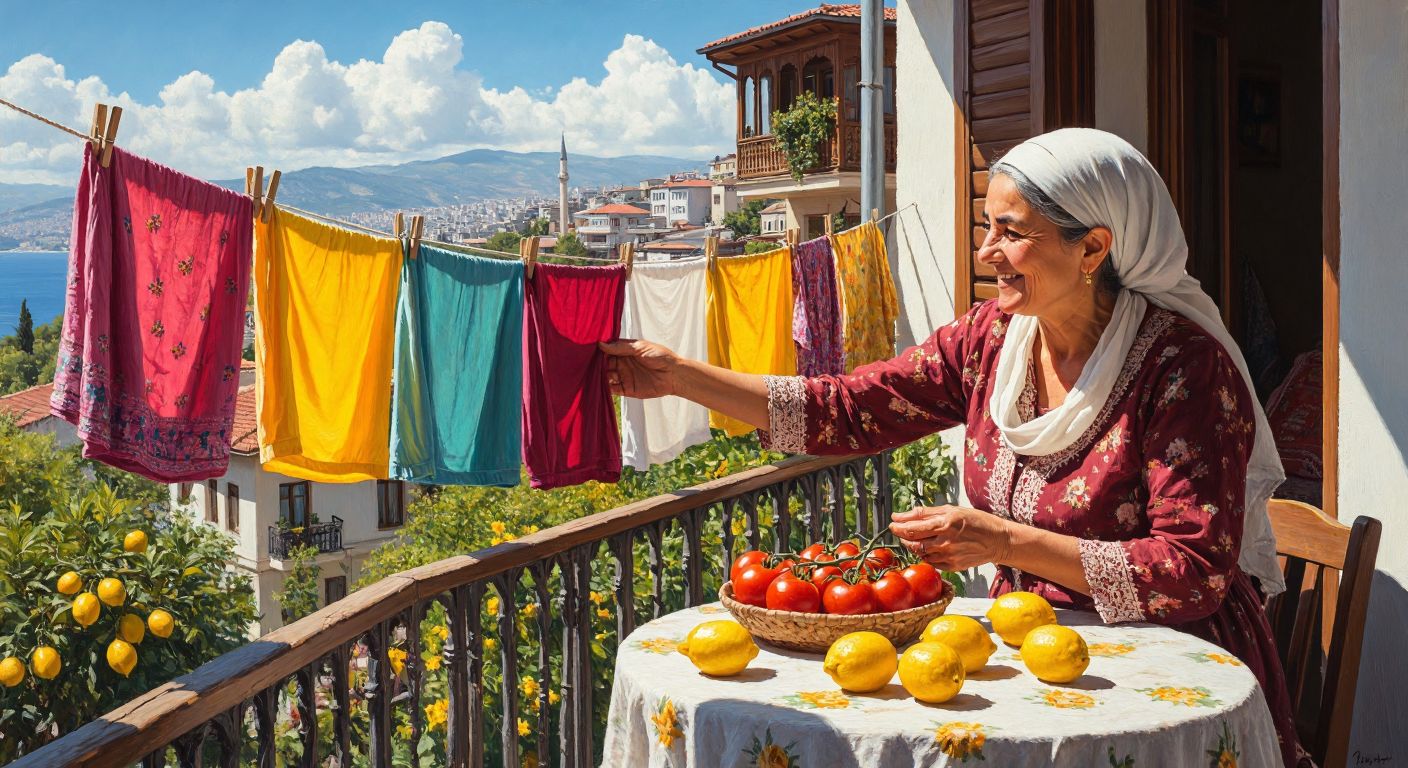 A sunlit Turkish balcony with colorful laundry drying on a clothesline, fresh lemons and tomatoes nearby, and a smiling elderly woman in traditional attire gently touching a sun-warmed cotton shirt.