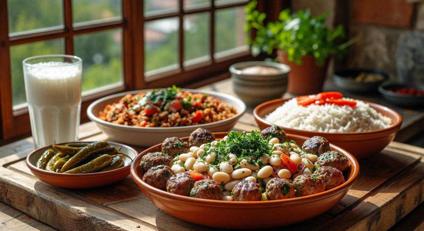 A rustic wooden table in a sunlit Turkish kitchen holds a vibrant bowl of piyaz salad with white beans and parsley, flanked by sizzling grilled köfte, a golden pile of pilav, a glass of frothy ayran, and a small plate of pickled peppers, evoking warmth and hearty flavors.