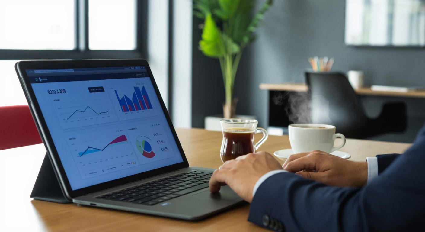 A Turkish businessperson in a modern office reviews financial charts on a laptop while a digital tablet displays e-commerce analytics, with a steaming cup of Turkish coffee on the desk.